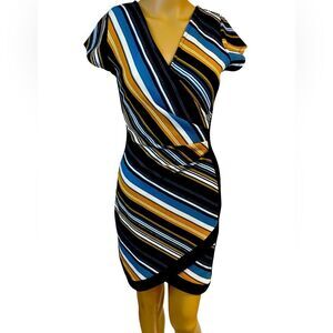 Almost Famous Faux Wrap Dress Size M Blue Stripe Ruched Body con short dress